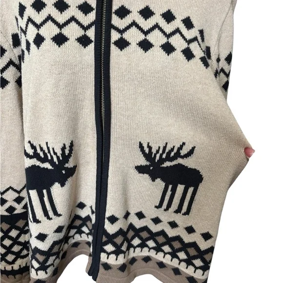 CJ Banks Women’s 1X Cotton Zip Cardigan Sweater Tan Black Moose Nordic Fair Isle - Picture 3 of 10